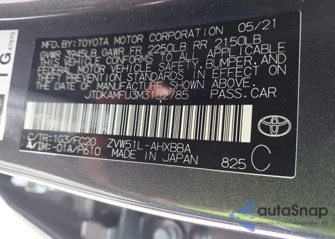2021 Toyota Prius L Eco from USA, damaged, VIN JTDKAMFU3M3152785